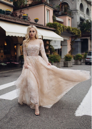 Long Sleeves Blush Lace Tulle Wedding Dress Long Sleeves Blush Lace Tulle Wedding Dress